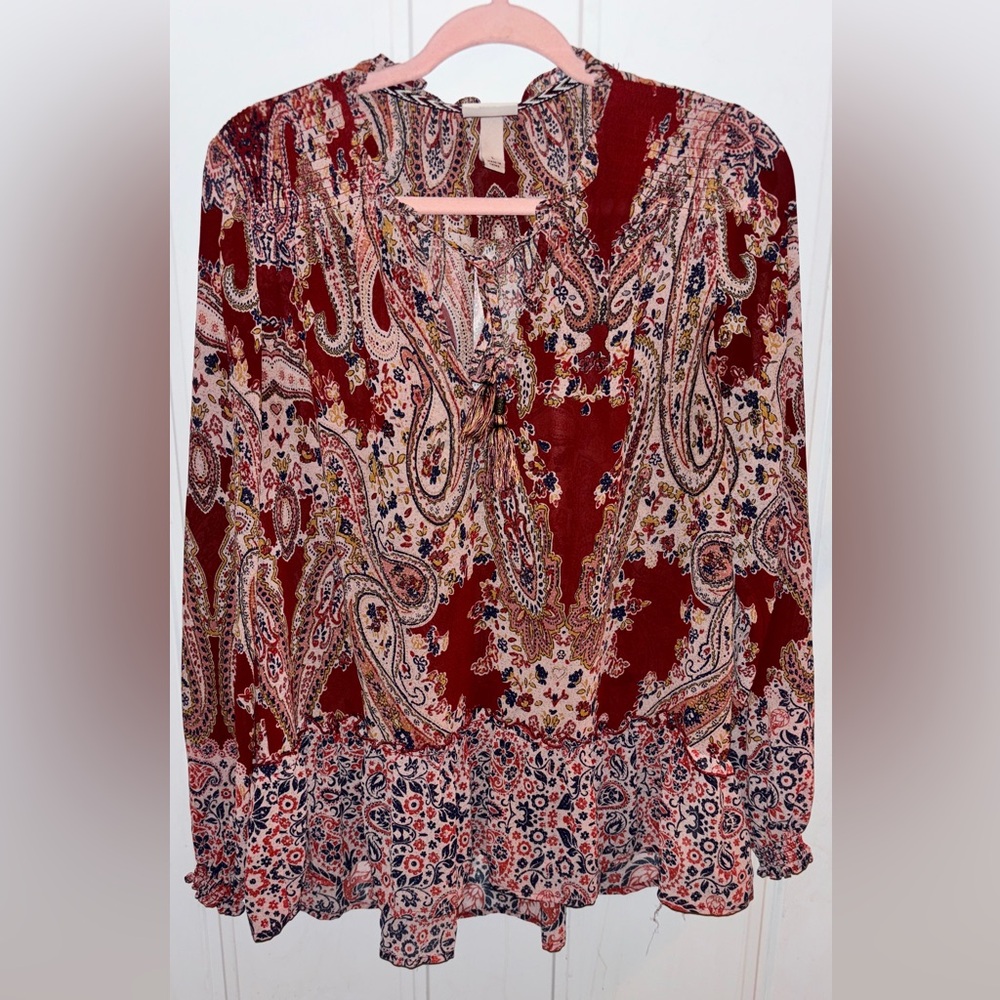 Knox Rose Large Burgundy Paisley Peasant Blouse with Cream Accents